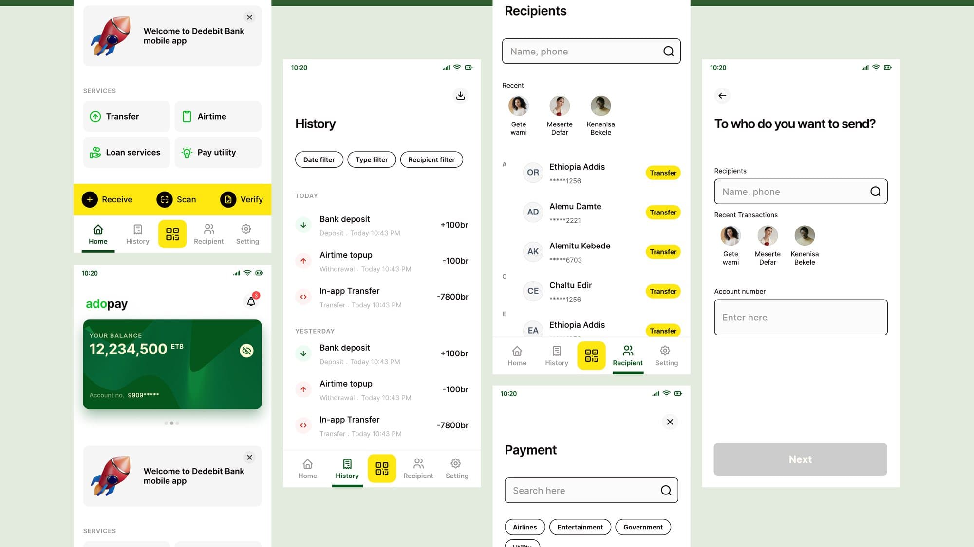 Home, history, recipients and payment — the four surfaces that carry almost all of the app's real usage.