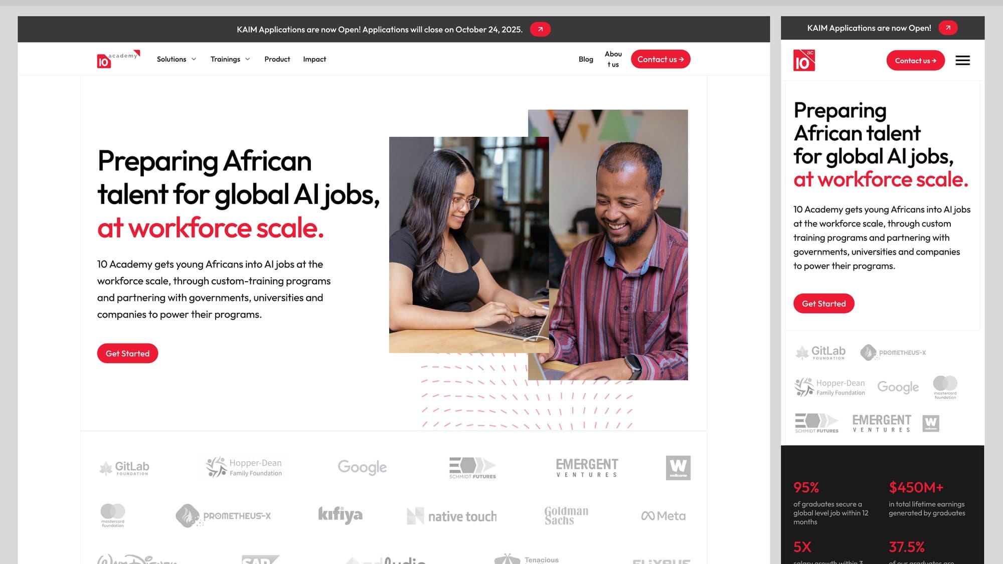 Desktop and mobile — the proposition, the proof bar, and the partner wall that carries the credibility.