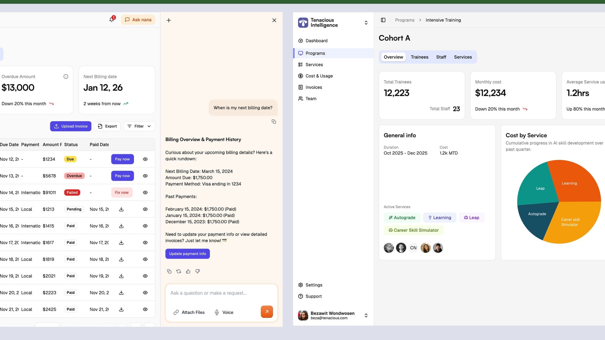 Billing and invoice management alongside an in-product AI assistant that answers account questions in place.